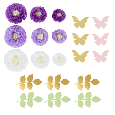 Colorful paper flowers and butterflies for crafts and decorations.