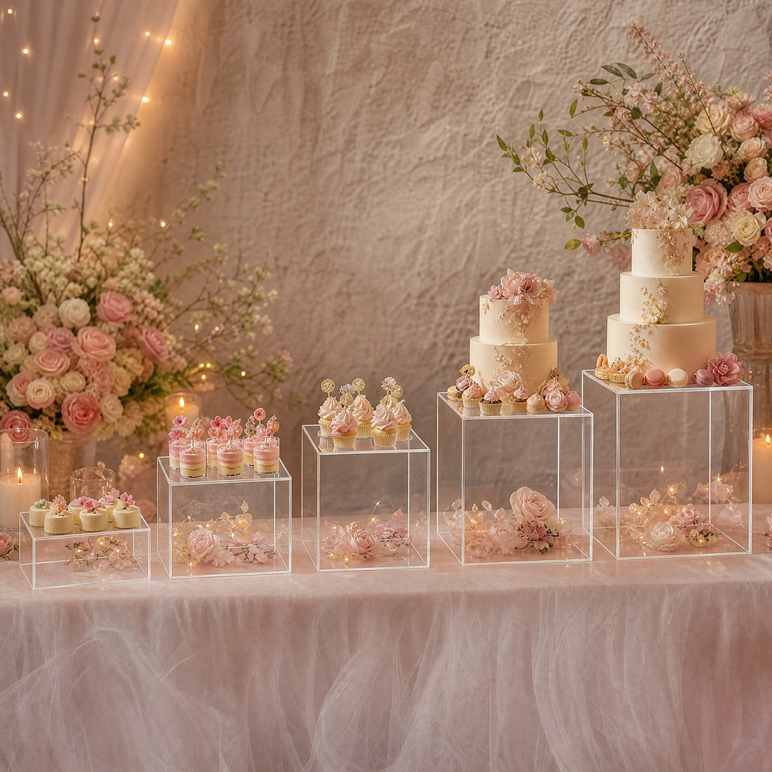 Elegant blush pink dessert table with floral cakes and cupcakes at a party display