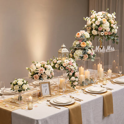 Elegant wedding table setting with pastel floral centerpieces and candle decor