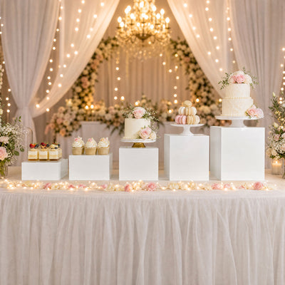Elegant wedding dessert table with cakes, macarons, cupcakes, and floral decor