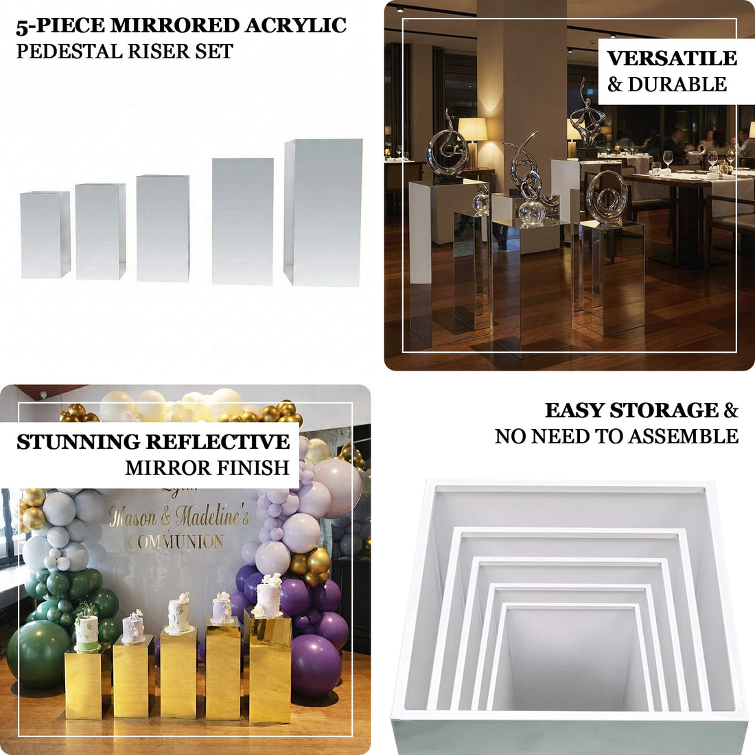 Silver Riser Boxes Set of 5 Acrylic Pedestal Risers Silver Mirror | eFavormart