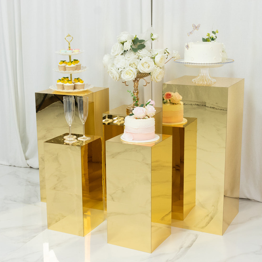 Set of 5 Acrylic Pedestal Risers Gold Mirror | eFavormart