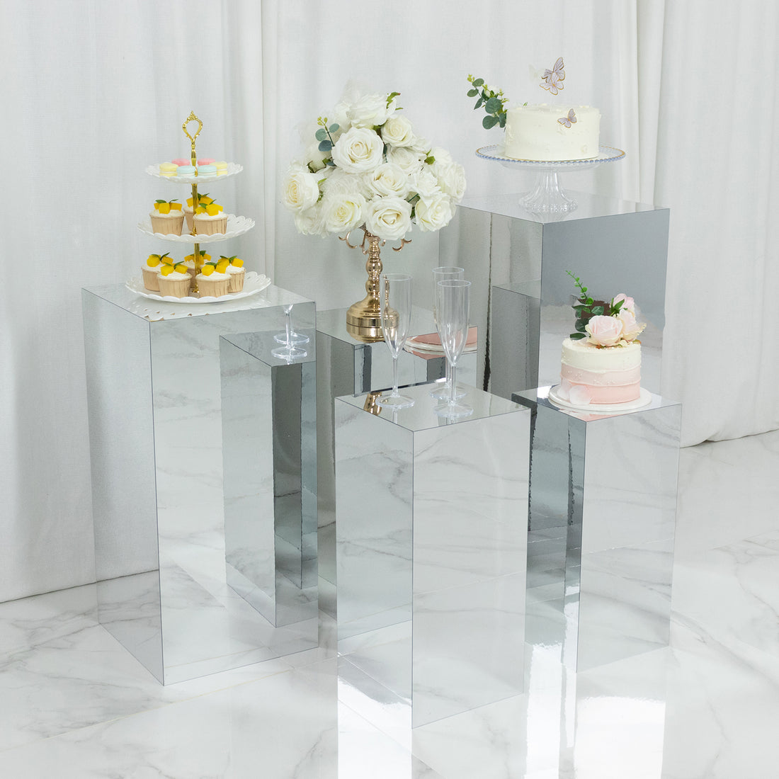 Table Riser Silver Set of 5 Acrylic Pedestal Risers Silver Mirror | eFavormart