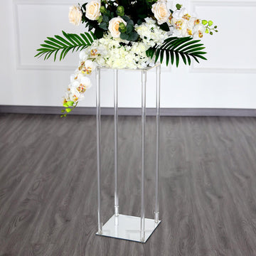 Clear Acrylic Floor Vase Flower Stand With Square Mirror Base