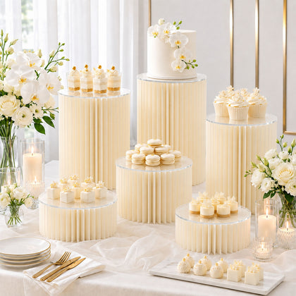 Set of 6 Ivory Buffet Risers, Foldable Cardboard Cylinder Pedestal Stands with Clear PVC Top Plates, Multi-Height Dessert Display, 4"–16"