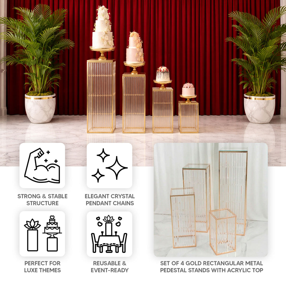 Set 4 Metal Pedestal Display Stands Gold | eFavormart
