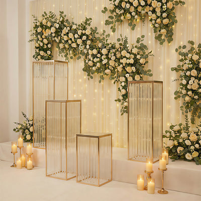 Set of 4 Gold Metal Pedestal Stands – Pre-Assembled Rectangular Floral Display Risers with Acrylic Top & Crystal Pendant Chains – 16", 24", 32", 40"