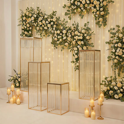 Set of 4 Gold Metal Pedestal Stands – Pre-Assembled Rectangular Cake and Floral Display Risers with Acrylic Top & Crystal Pendant Strip Chains – 16", 24", 32", 40"