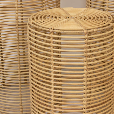 Rattan storage baskets in a modern design with natural finish.