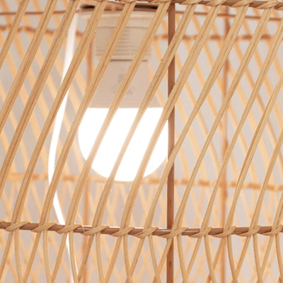 Rattan lamp shade with bulb visible inside
