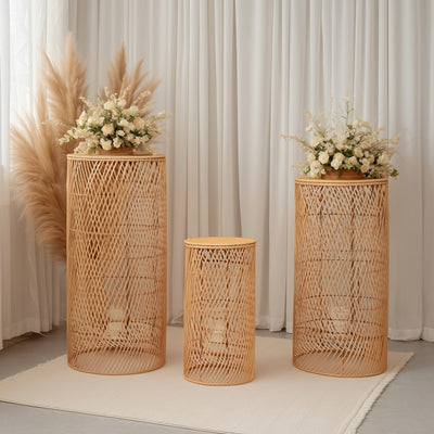 Set of 3 Natural Woven Rattan Wicker Floor Lamp Shades with Wave Patterns Rustic Cylinder Pedestal Display Stands With Plug In Light Cord -19",27",33"