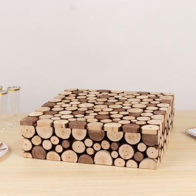 Square wooden block made of natural logs, perfect for home decor.
