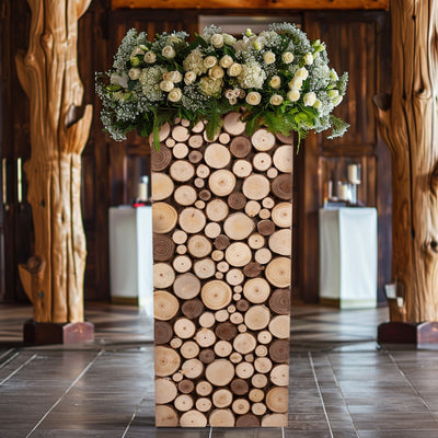 Wooden pedestal with floral arrangement, showcasing natural textures and design.