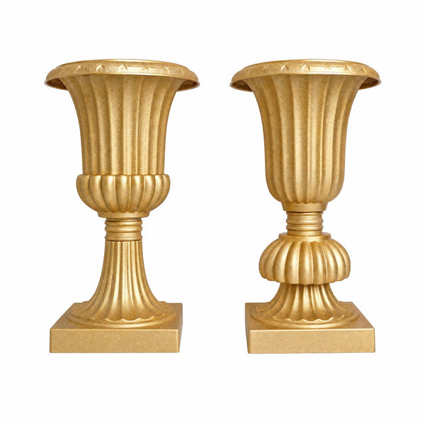 Pair of gold decorative urn pedestal vases on square bases