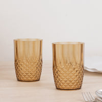 6 Pack Amber Gold Reusable Plastic All-Purpose Cups in Crystal Cut Style, Shatterproof Short Tumbler Glasses - 16oz