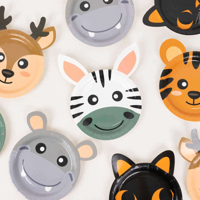 Colorful animal-themed paper plates arranged in a fun pattern.