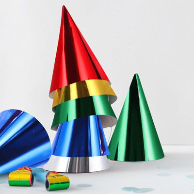 Colorful party hats in red, green, blue, gold, and silver.