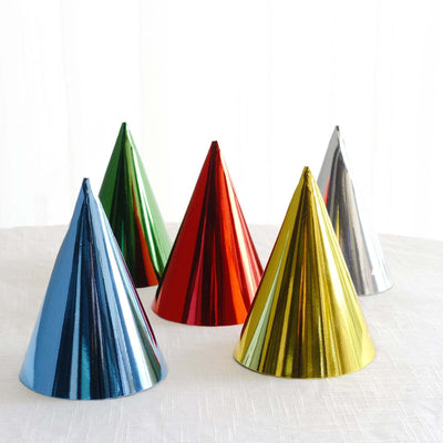Colorful party hats in blue, green, red, gold, and silver.