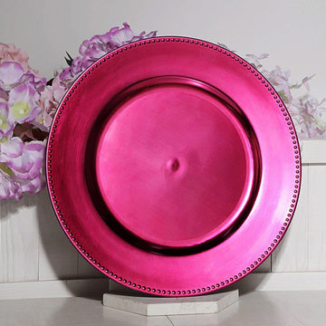 6 Pack Beaded Hot Pink Acrylic Charger Plate, Plastic Round Dinner Charger Event Tabletop Decor 13"