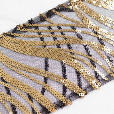 Gold sequin fringe trim on black mesh fabric for crafting and decor.