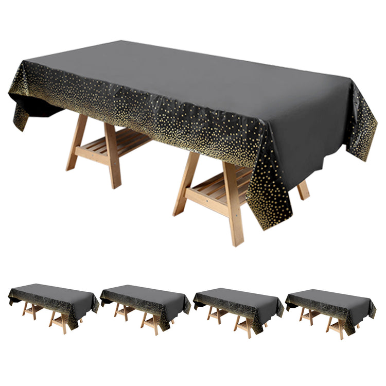 5 Pack Black Rectangle Plastic Tablecloths with Gold Confetti Dots
