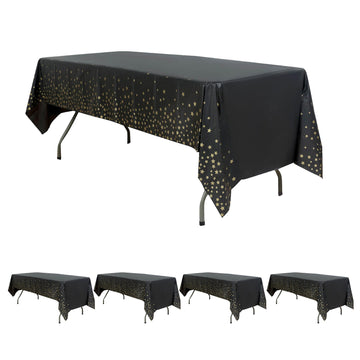 5 Pack Black Rectangle Plastic Tablecloths with Gold Stars, Waterproof Disposable Table Covers - 54"x108"