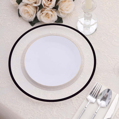 Elegant charger plate with gold trim on a lace table setting.