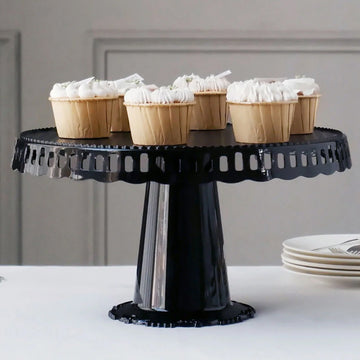 4 Pack Black Round Pedestal Footed Reusable Plastic Cupcake Stands With Interchangeable Ribbon Trim Edge 13"