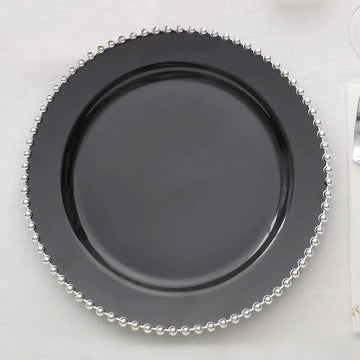 Elegant Black and Silver Beaded Rim Plastic Dinner Plates