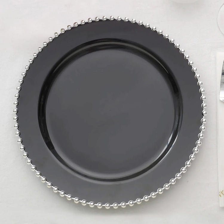 10 Pack | 10inch Black / Silver Beaded Rim Plastic Dinner Plates, Disposable Round Party Plates