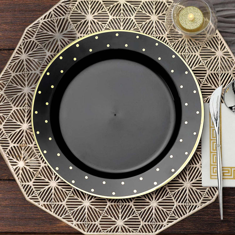 10 Inch Black Round Dinner Plates With Gold Dot Rim 10 Pack