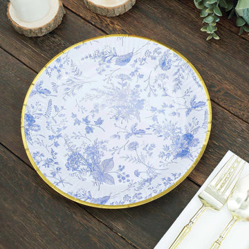 25 Pack Blue Chinoiserie Floral Paper Party Plates with Gold Rim, Round Disposable Dinner Plates 9"