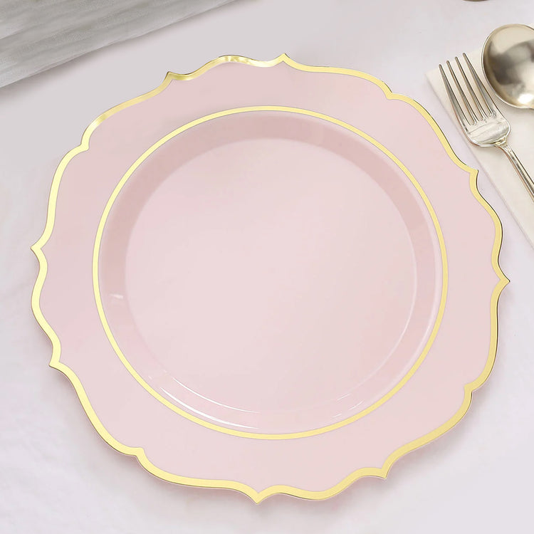 Set Of 10 Blush Rose Gold Disposable Round Plates With Gold Rim