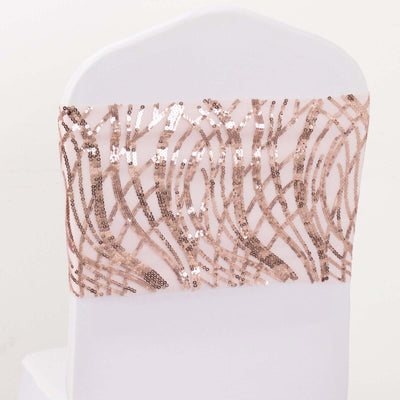 Rose gold sequin chair sash on a white chair
