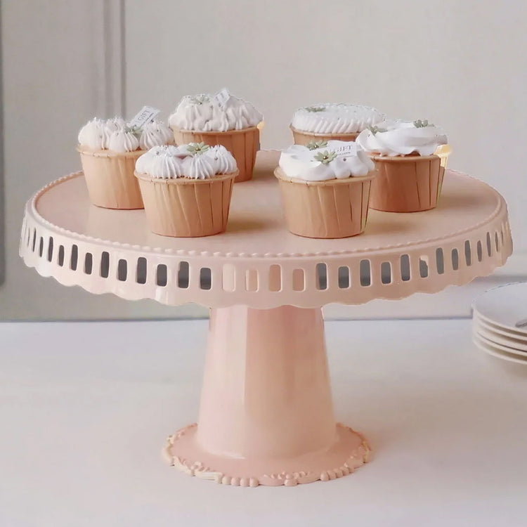 13 Inch Round Blush & Rose Gold Plastic Pedestal Footed Cupcake Stands with Ribbon Trim Edges 4 Pack