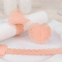 12 Pack Blush Shimmery Laser Cut Heart Paper Napkin Rings with Lace Pattern, Disposable Napkin Holders Bands