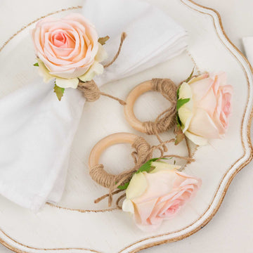 4 Pack Blush Silk Rose Flower Wooden Napkin Rings, Rustic Boho Chic Floral Napkin Holders - 4"
