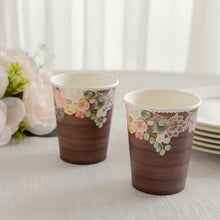24 Pack Brown Rustic Wood Print Paper Cups with Floral Lace Rim, Disposable Party Cups - 9oz