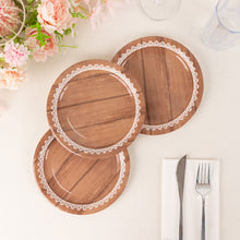 25 Pack White Brown Wood Grain Print Paper Dessert Plates With Floral Lace Rim
