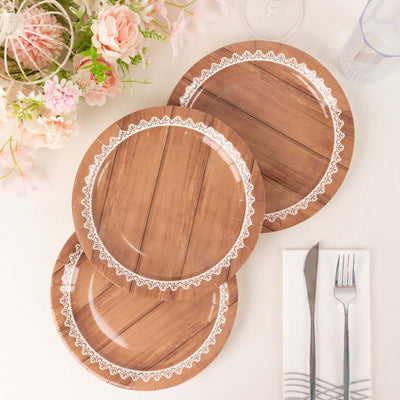 Set of three wooden-look plates with lace trim design.