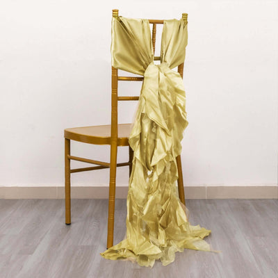 Gold satin chair sash draped elegantly over a wooden chair.