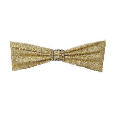 Gold glitter bow tie with a sparkling center embellishment.