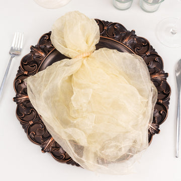 5 Pack Champagne Sheer Crinkled Organza Wedding Napkins, Premium Shimmer Decorative Dinner Napkins - 21"x21"