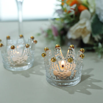 6 Pack Clear Crystal Glass Crown Tea Light Votive Candle Holders With Gold Beaded Tips 3"x2"