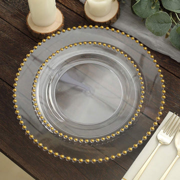 10 Pack Clear / Gold Beaded Rim Plastic Dessert Appetizer Plates, Disposable Round Salad Party Plates 8"