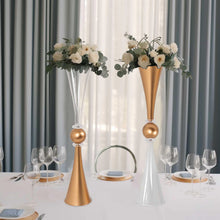 2 Pack Clear Gold Crystal Embellishment Trumpet Table Centerpiece, Reversible Plastic Flower Vase