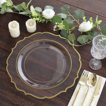 10 Pack Clear Plastic Dinner Serving Plates With Gold Scalloped Rim, 13" Round Decorative Charger Plates