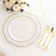 10 Pack Clear Economy Plastic Charger Plates With Gold Scalloped Rim, Round Decorative Dinner
