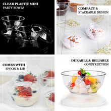 24 Pack | 3.5oz Clear Plastic Mini Party Bowl, Lid and Spoon Set