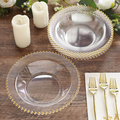 Elegant clear plastic plates with gold beaded rim, perfect for stylish dining.